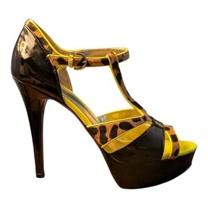 GUESS Yellow and Leopard Patent T-Strap Platform Heel
